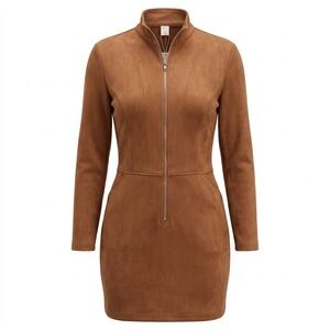 NWT Modesees Caramel Brown Faux Suede Stand Collar Zip Mini Dress Sz M SRP $164